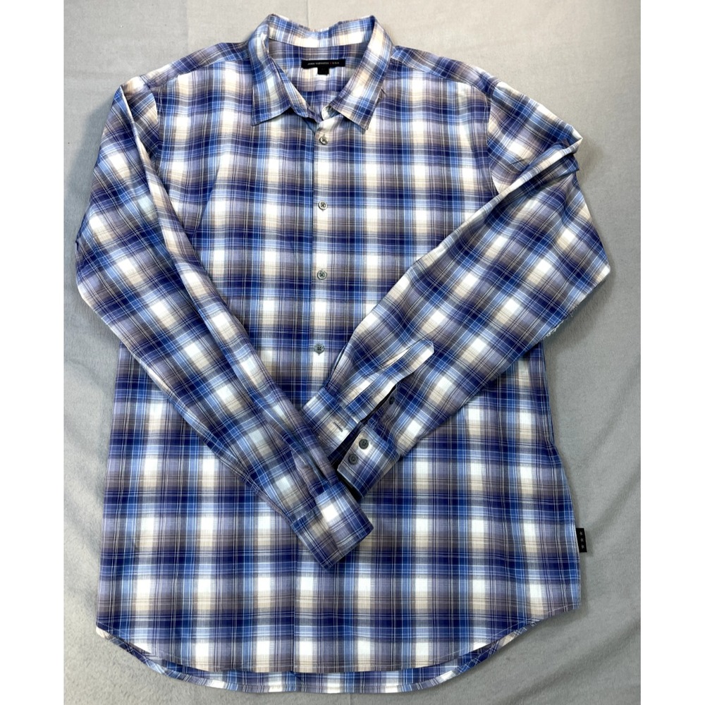 John Varvatos Shirt XL Mens Button Front Blue white purple plaid Long Sleeve